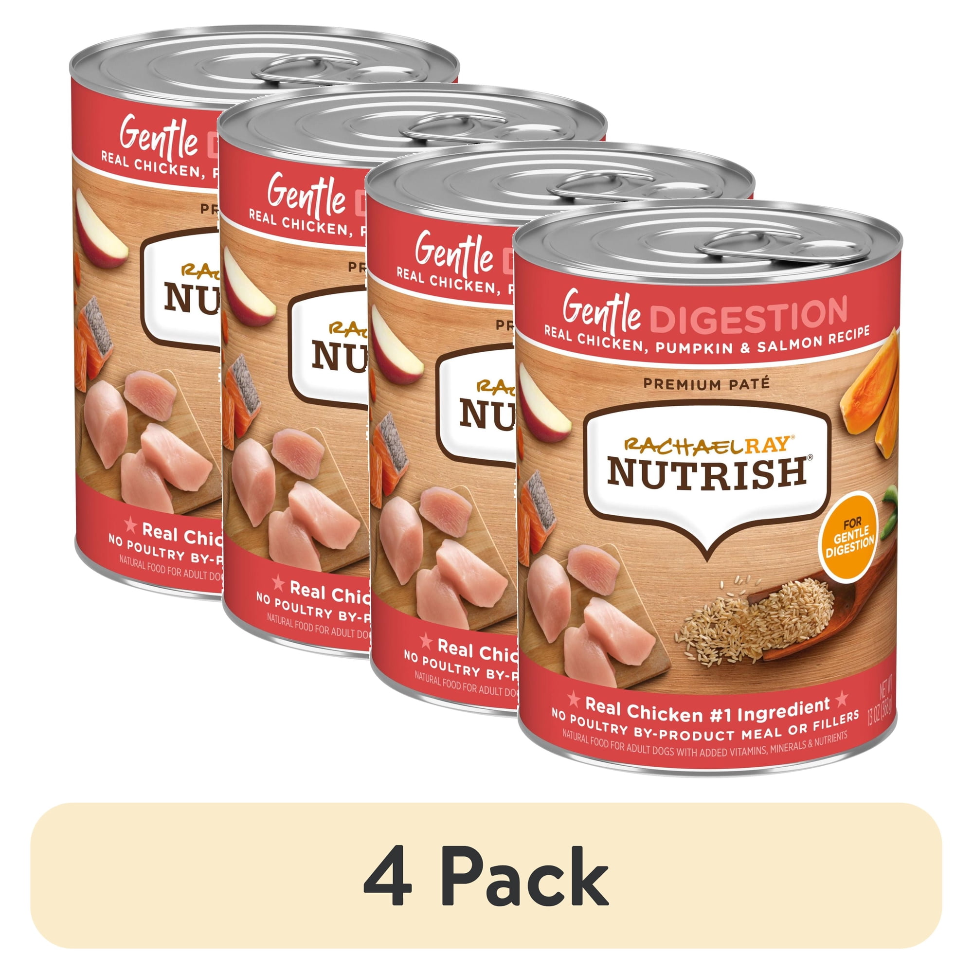 (4 pack) Rachael Ray Nutrish Premium Paté Gentle Digestion Real Chicken, Pumpkin & Salmon Recipe Wet Dog Food, 13 oz. Can