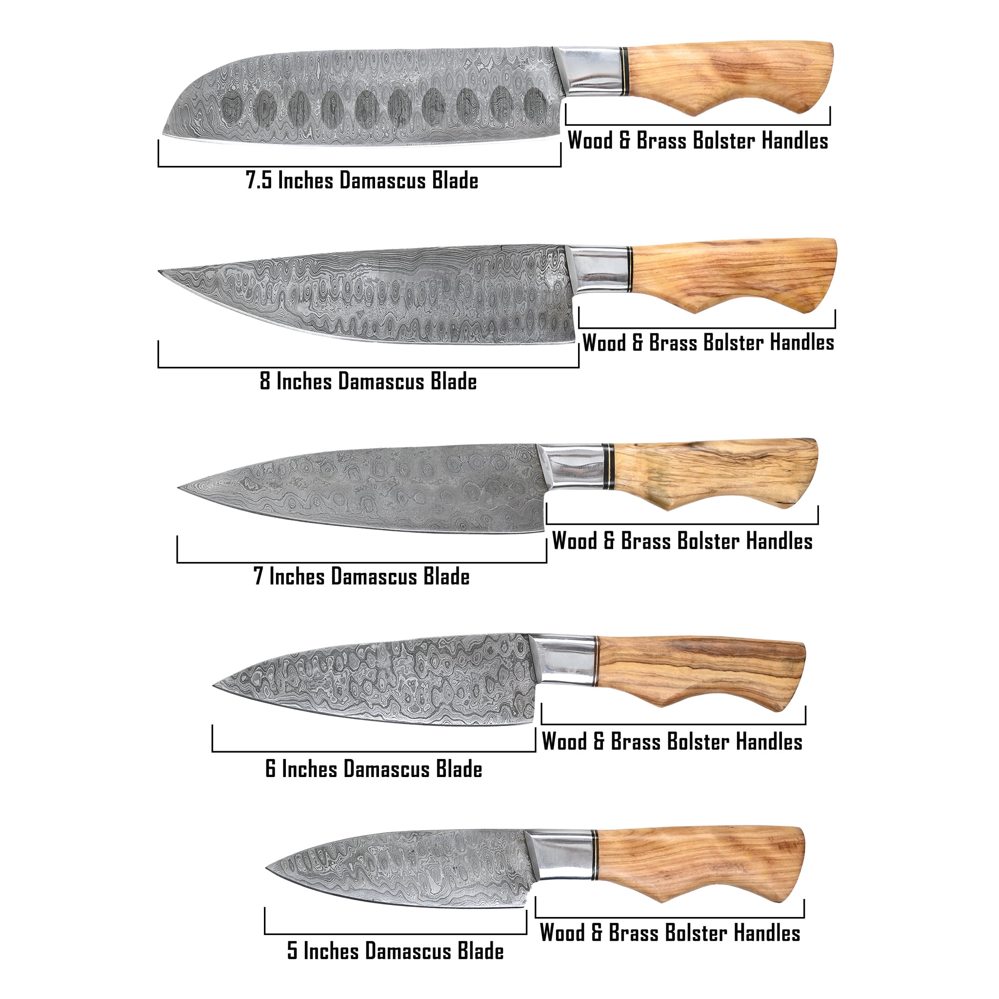 Damascus Kitchen Chef Knife Set of 5 with Olive Wood Handle & Brass Handles