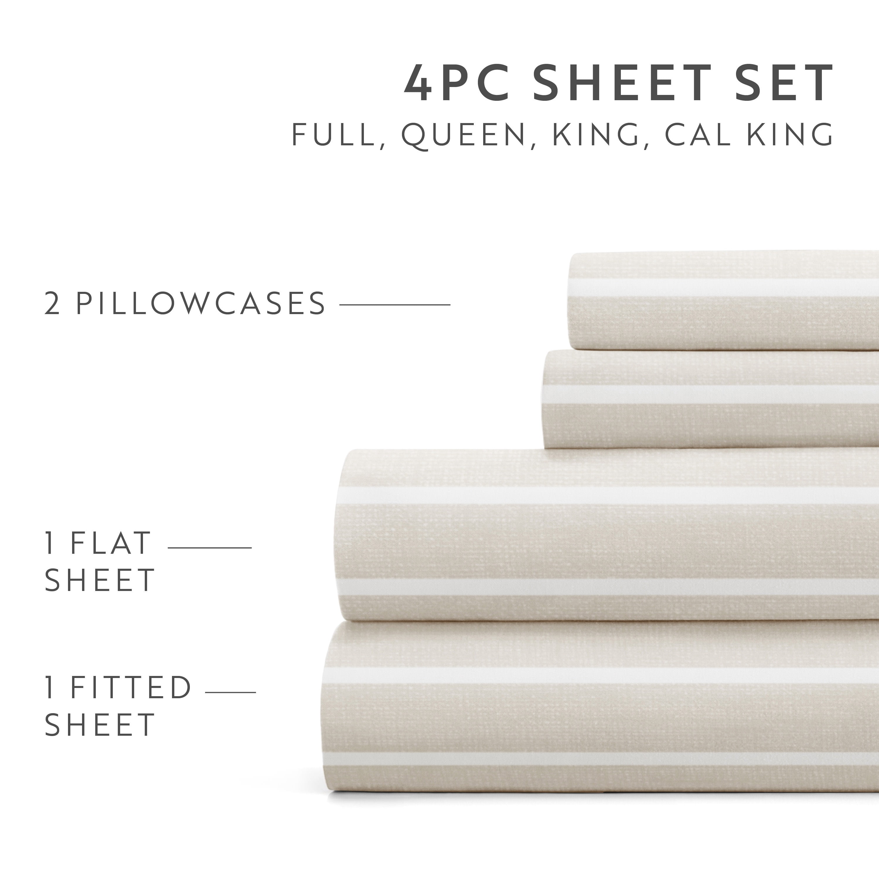 Noble Linens 4 Piece Pattern Modern Coastal Bed Sheet Sets, Soft Lines Natural, Queen