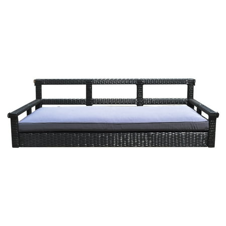 Round Wicker Porch Swing Bed S14 Black 78'' Patio Porch Swing Bed Chair Resin Wicker Tree Ceiling Hanger Hanging W/Chains ()