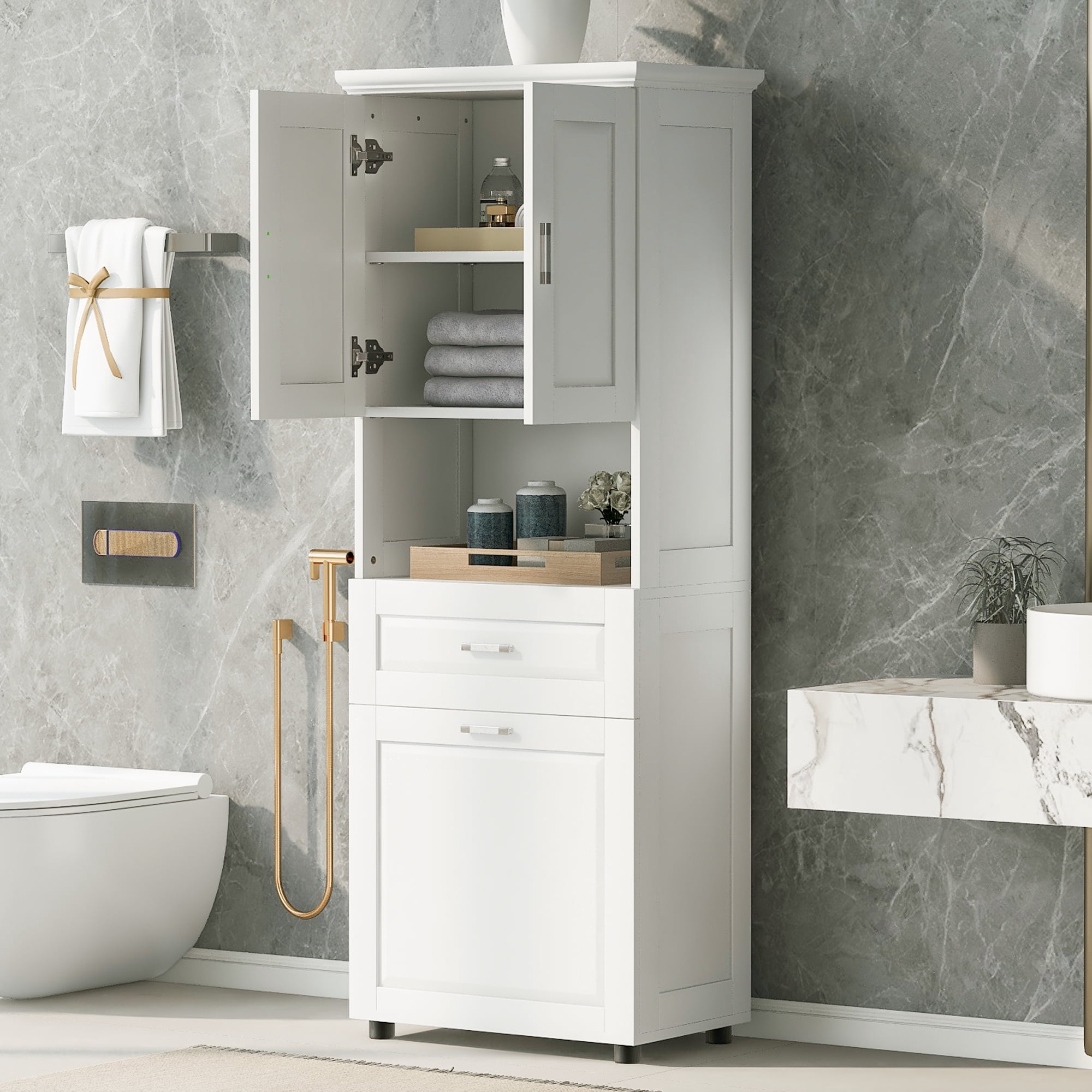 Leumius 70" Tall Bathroom Storage Cabinet with Drawer & Laundry Basket，Modern Freestanding Tilt-Out Laundry Hamper and Upper Storage Cabinet,White