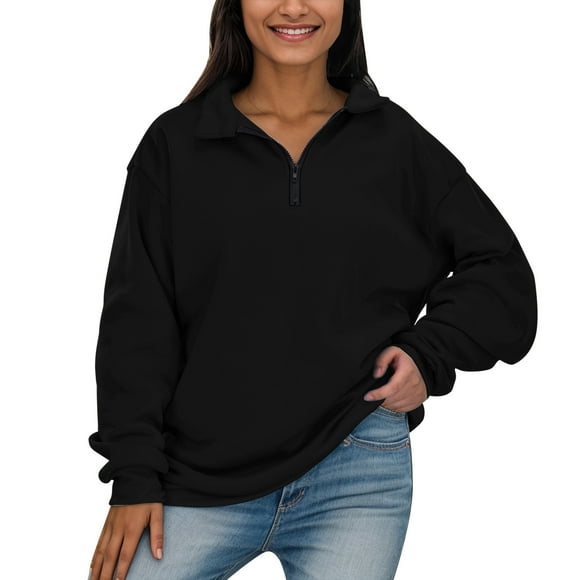awzxde Womens Shirts Womens Oversized Half Zip Pullover Long Sleeve Sweatshirt Quarter Zip Hoodie Sweater Teen Girls Fall Blouse Clothes Black,S