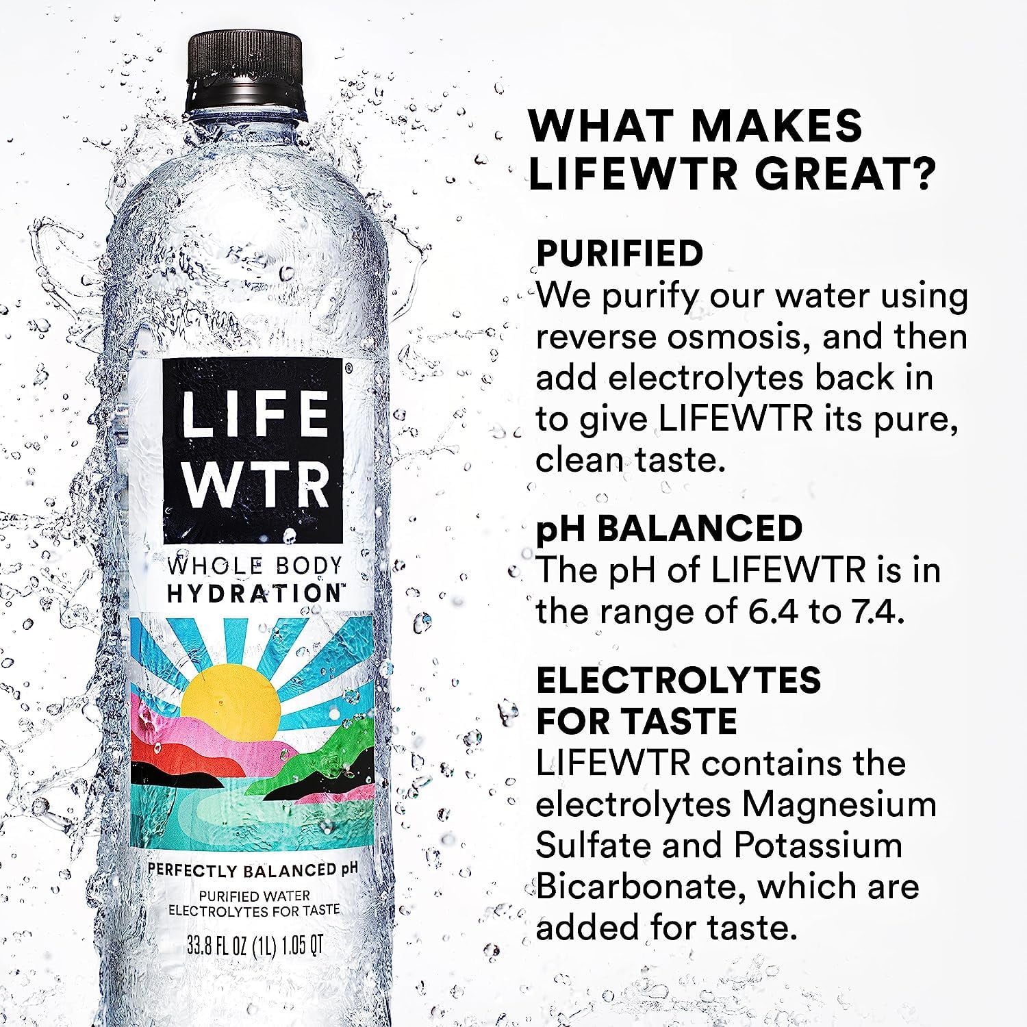 LIFEWTR Premium Purified Bottled Water, pH Balanced with Electrolytes For  Taste, 1 Liter Bottle