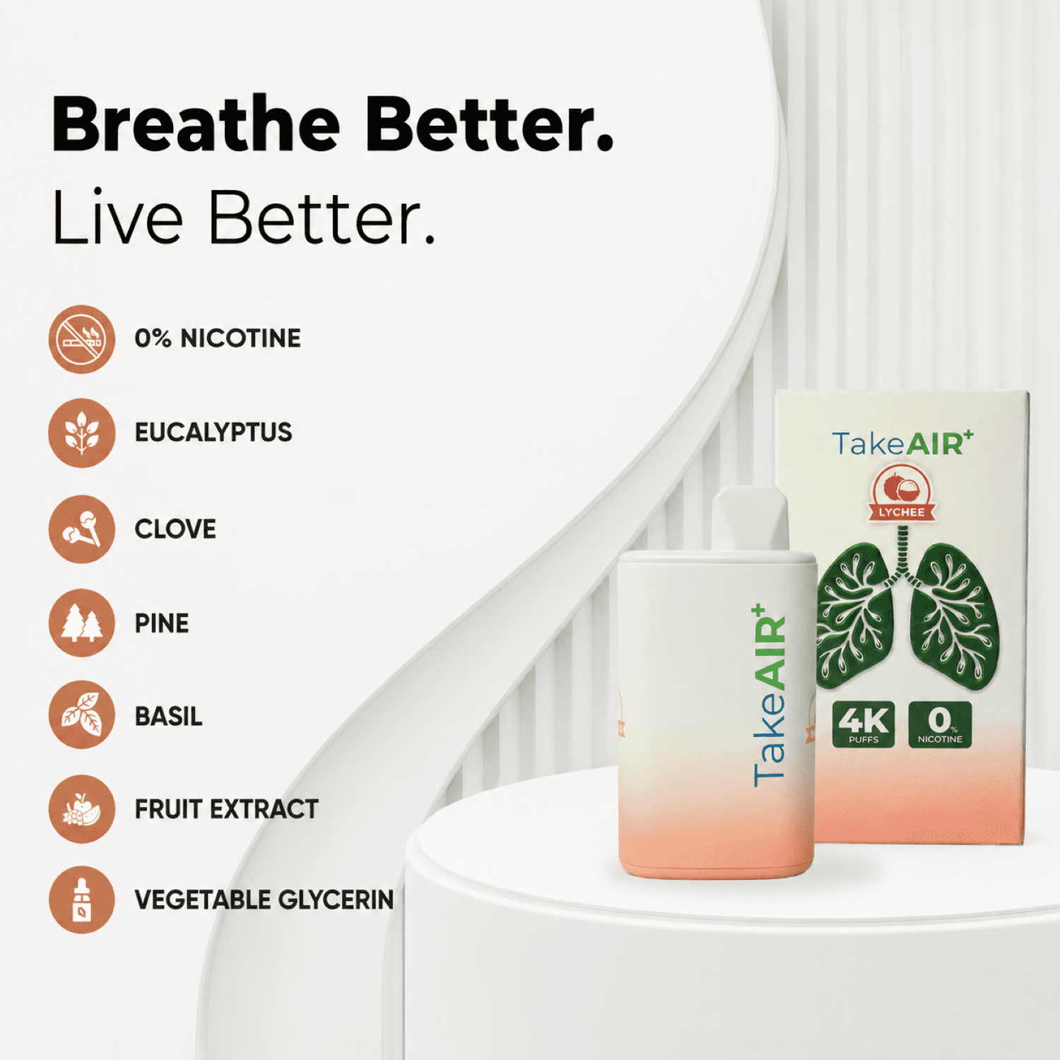 TakeAIR+ Nicotine-Free Diffuser Over 4K Puffs, All Natural, Smokeless Inhaler, Lychee