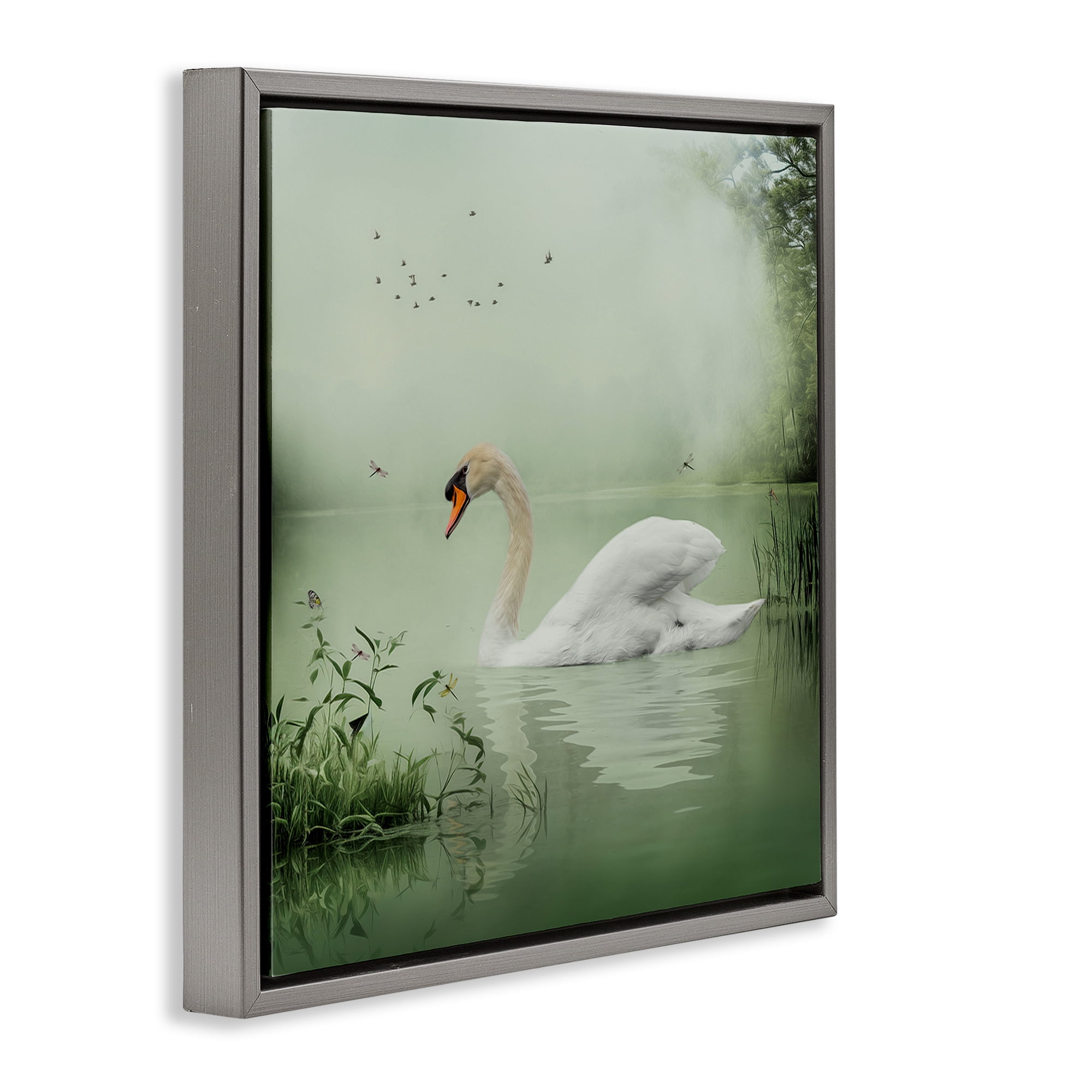 Stupell Industries Swan's Sanctuary Misty Lake Landscape & Nature Painting Gray Floater Framed Canvas Art Print Wall Art, 18 x 18