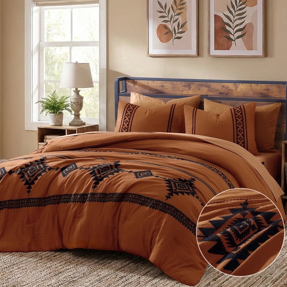 Amberspace Embroidery 7-piece Bed in a Bag Queen Comforter Set with Sheets,Burnt Orange