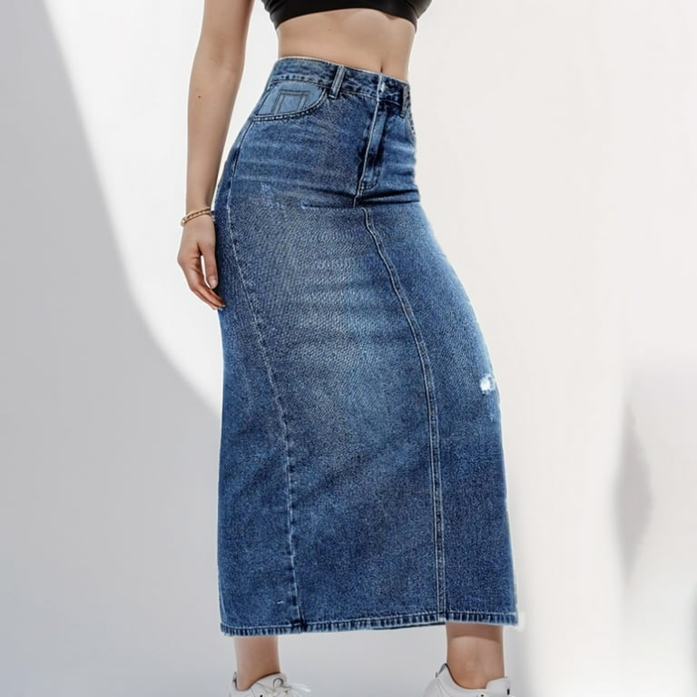 Women s Vintage Mid High Waisted Denim Skirt with Holes