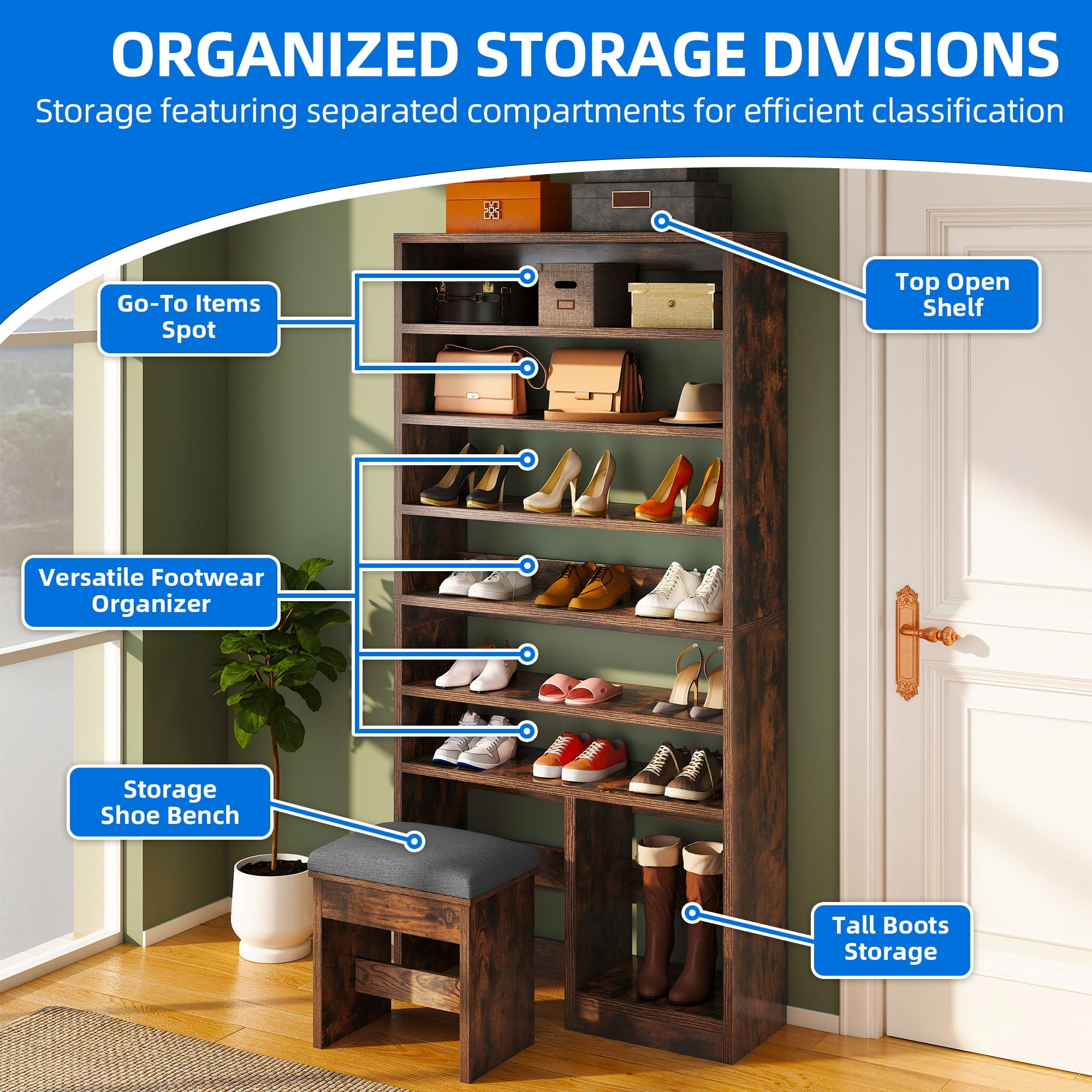 Uforic 8-Tier Entryway Shoe Storage Bench, Multi-Level Shoe Cabinet with Large Boot Storage, Ideal for Home and Living Room, Brown