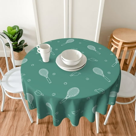 TEQUAN 60" Round Tablecloth, Blue Tennis Racket Sports Pattern Washable Polyester Table Cloth, Waterproof Wrinkle Resistant Decorative Table Cover