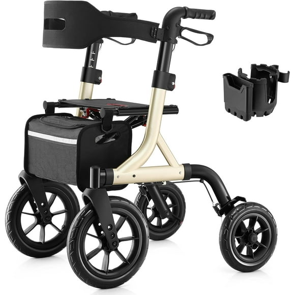 Walkers for Seniors, Rollator Walker with Seat, 12" Big Rubber Wheels All Terrain Rollator Walker with Backrest, Built-in Cable, Cup Holder, Foldable and Height Adjustment for Seniors, Gold