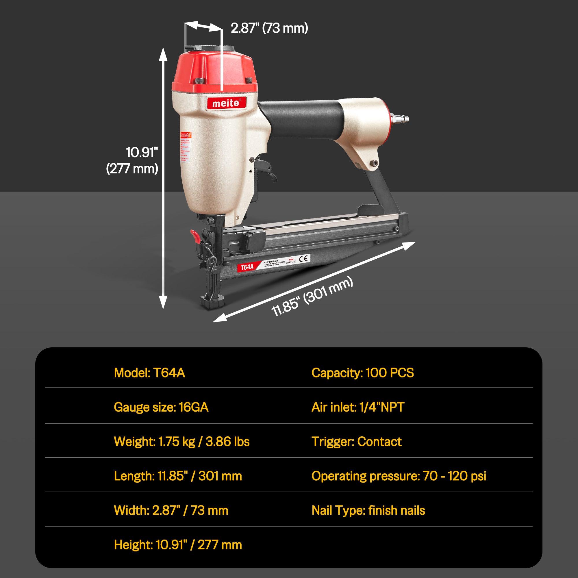MEITE T64A Pneumatic Finish Nailer 16 Gauge Pneumatic Finish Nail Gun 1-1/4" to 2-1/2" Length