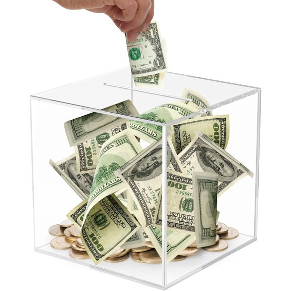 Clear Piggy Bank Acrylic Money Bank Transparent Coins Saving Pot Cash Container Box with 2 Keys, Coin Jar for Adults Kids Birthday Gifts Decoration (5.91inch)