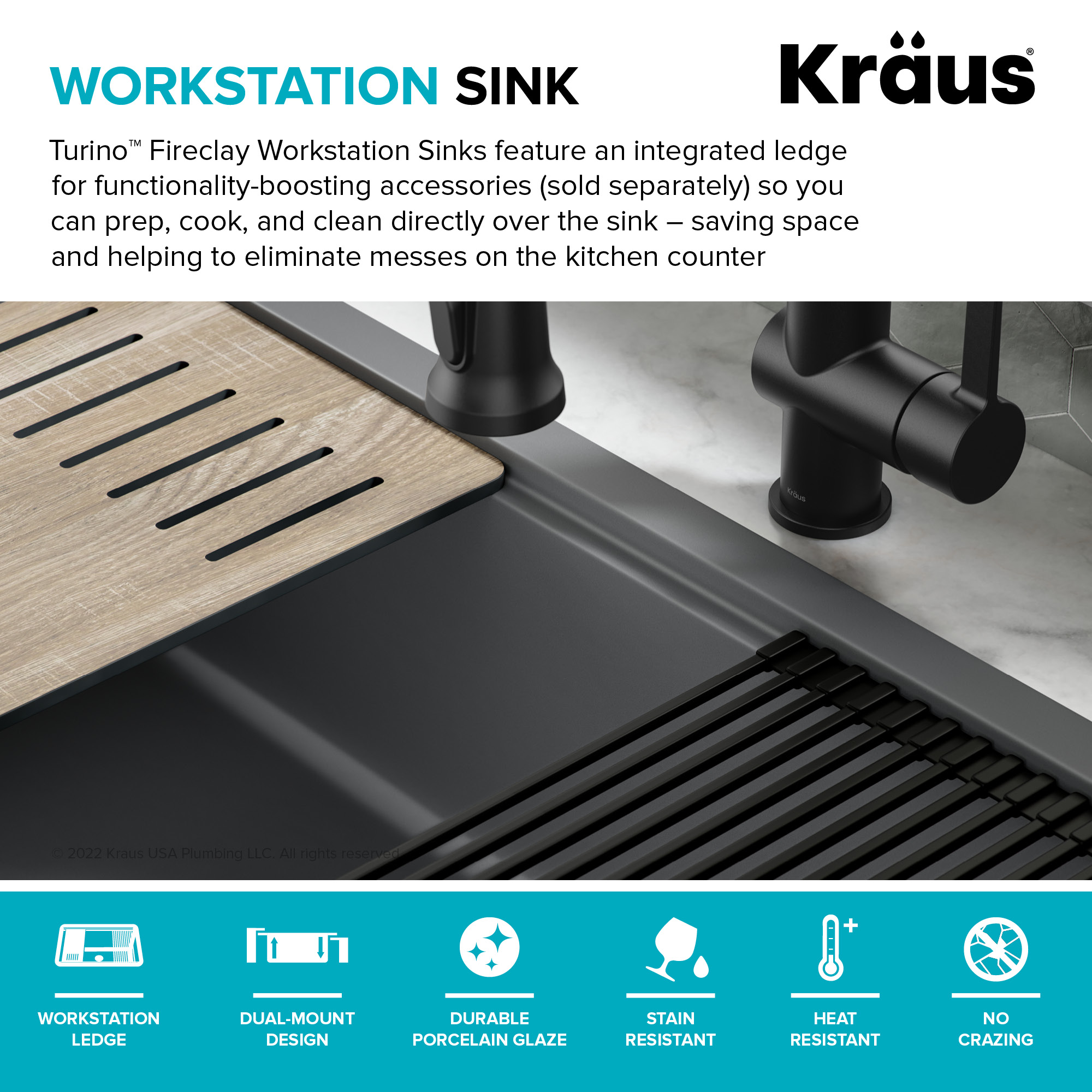 Turino™ 33'' W Solid Core Fireclay Dual-Mount Workstation Drop-In /  Undermount Single Bowl Kitchen Sink in Gloss White or Matte Grey by KRAUS