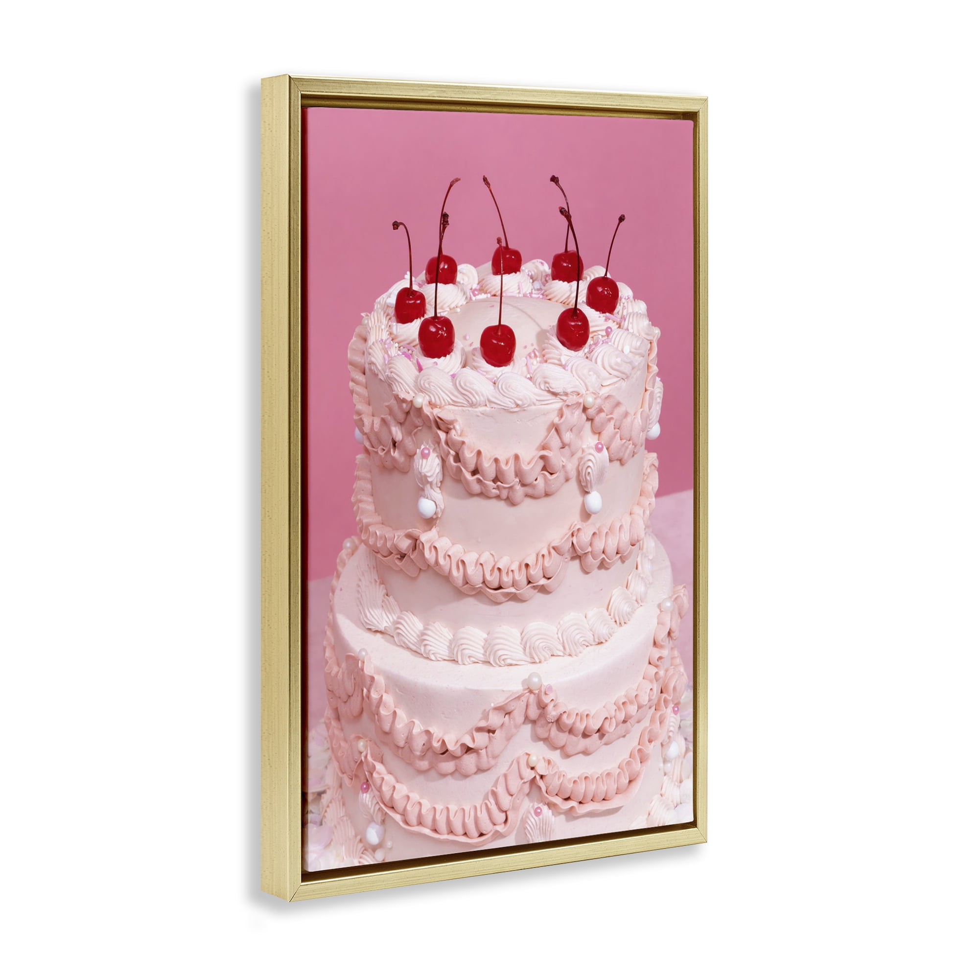 Stupell Industries Pink Cherries Cake Food & Beverage Painting Gold Floater Framed Art Print Wall Art, 17 x 25