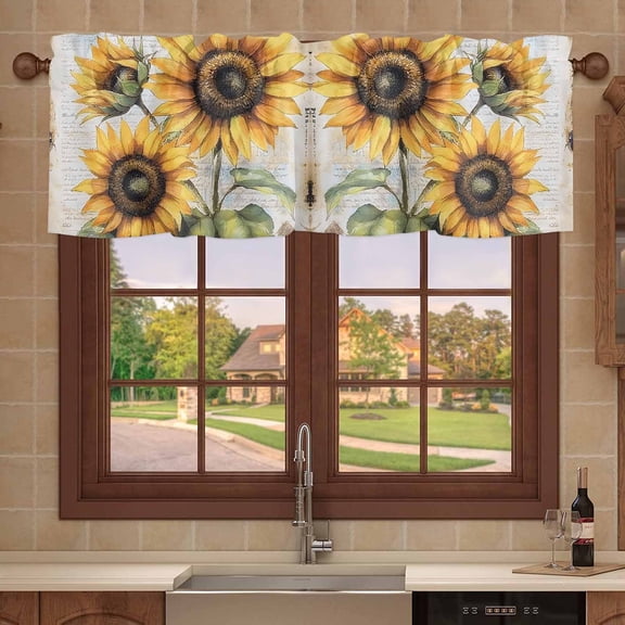 Kitchen Valances for Window, Vintage Farmhouse Sunflowers Light Filtering Rod Pocket Valance Curtain, Yellow Floral on Letter Short Curtains Window Topper for Bedroom 54x18in