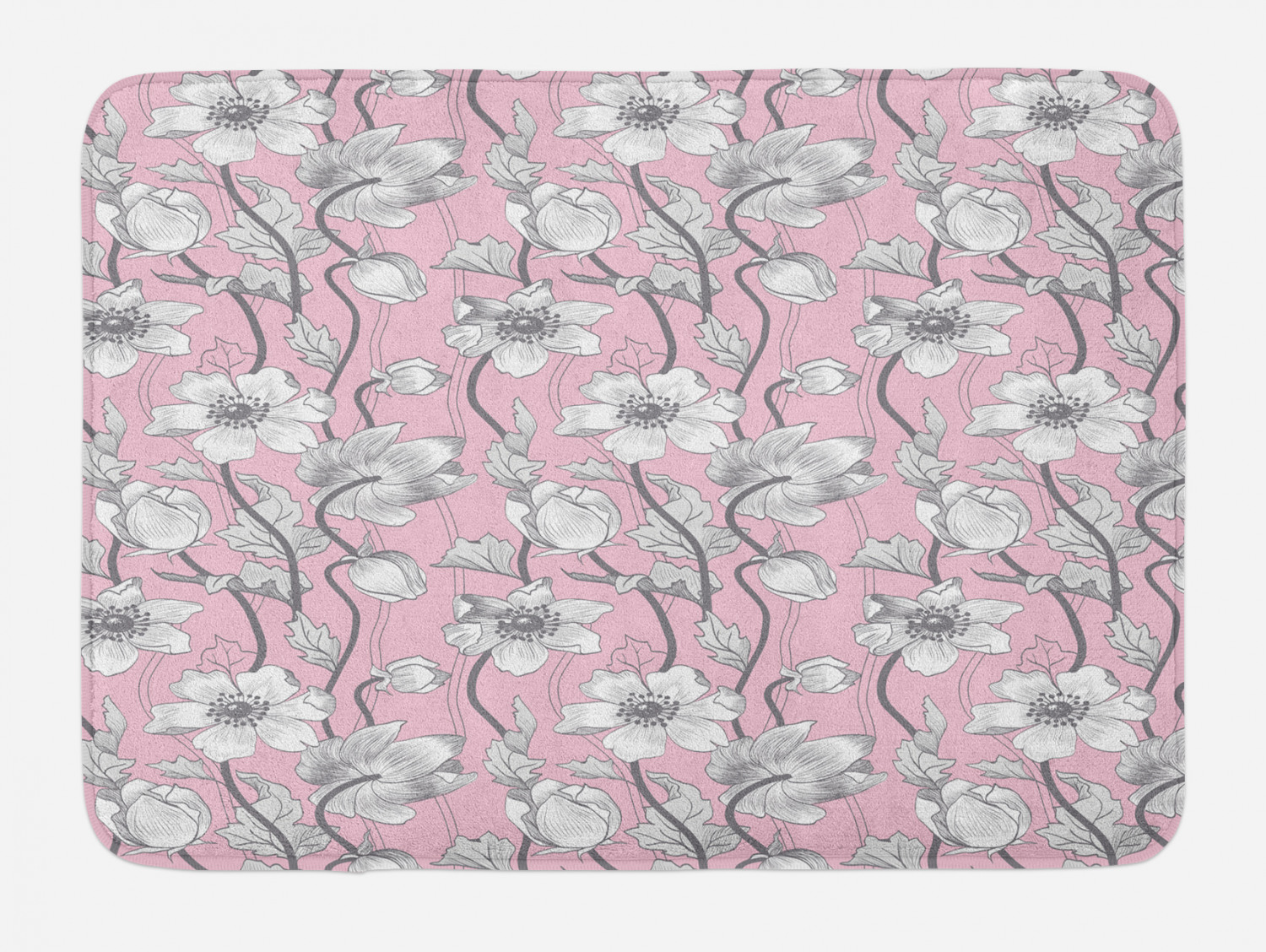 Pink and Grey Bath Mat, Vintage Floral Anemones Fragrance Soft Toned