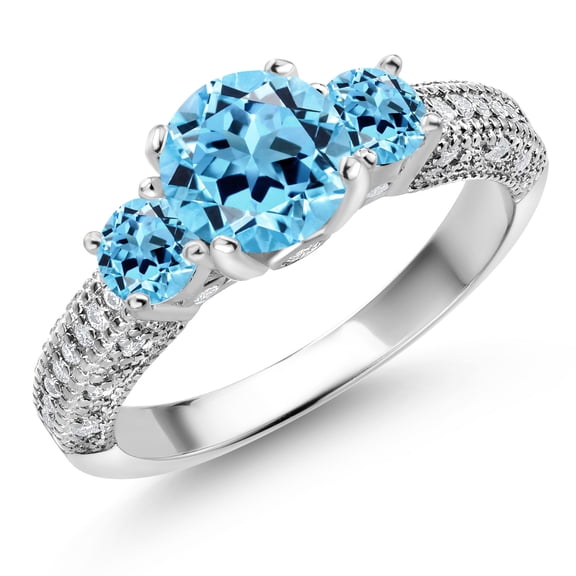Gem Stone King 925 Sterling Silver Swiss Blue Topaz and White Moissanite Engagement Ring for Women (2.44 Cttw, Gemstone November Birthstone, Round 7MM and 4MM, Size 7)