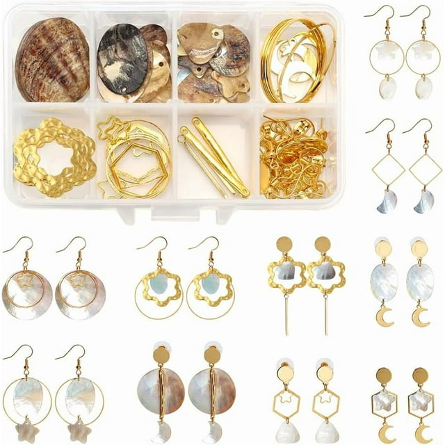 1 caja para hacer 10 pares de aretes de concha natural. Kit de inicio. Incluye dijes de concha geométricos, conectores de joyería, anillos de unión y ganchos para las orejas.