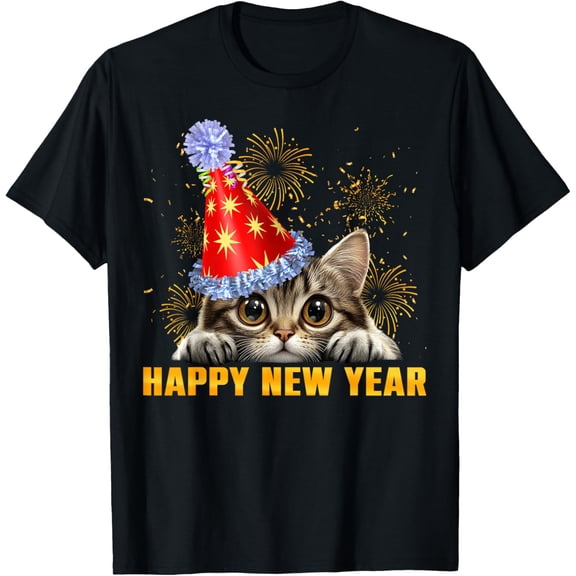 Funny Happy New Year Cute Cat Peeking New Years Eve Party T-Shirt