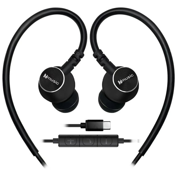 Hmusic Wired USB C Headphones, Metal Black Sports Earbuds, In Ear Hook Earphones with Microphone