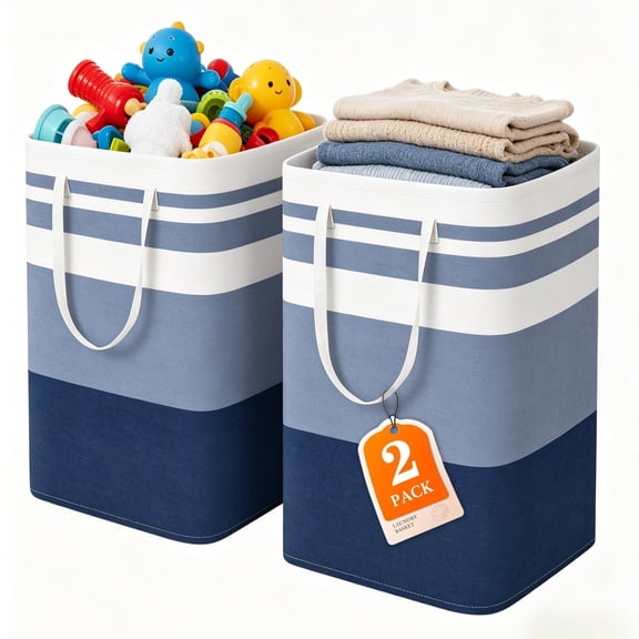 2-Pack Large Laundry Basket, Waterproof, Freestanding Laundry Hamper, Collapsible Tall Clothes Hamper with Extended Handles for Clothes Toys in the Dorm and Family (Blue, 75L)
