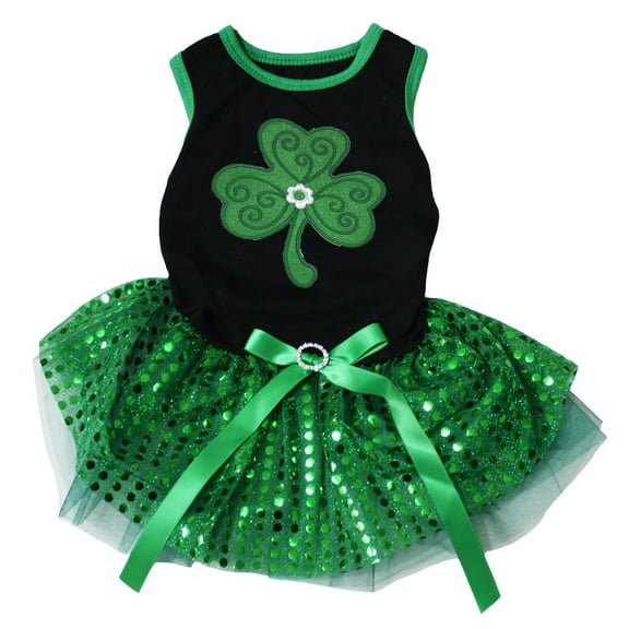 Petitebelle Green Clover Puppy Dog Dress (Black/Green Sequins, Medium)