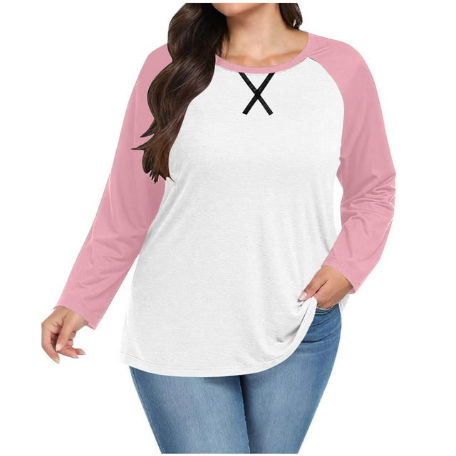 Besolor Womens Plus Size Tunic Tops Color Block Crewneck Long Sleeve Basic Tee Shirt Casual Loose Fall Clothes