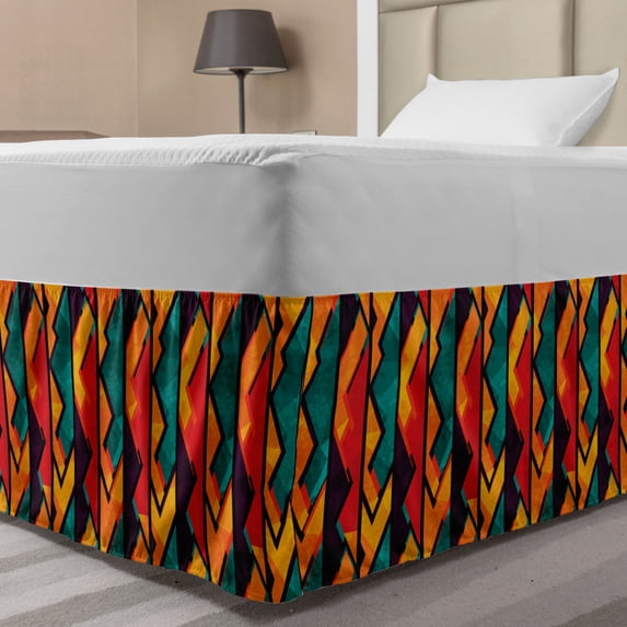 Modern Bed Skirt, Geometric Contemporary Art Design Black Bold Zig Zag Borders Pattern, Elastic Bedskirt Dust Ruffle Wrap Around for Bedding Decor, 4 Sizes, Teal Orange Marigold, by Ambesonne