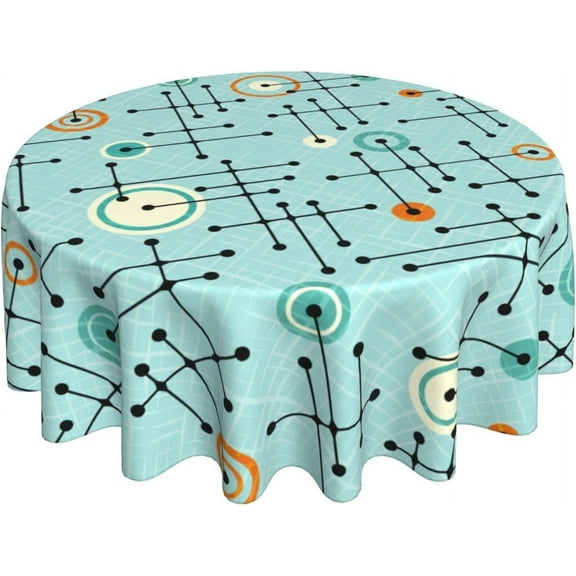 Abstract Geometric Retro Mid Century Lines Circle Round Tablecloth Waterproof Wipeable Tablecloth Cover Home Restaurant Kitchen Picnic Party Decoration 60 Inch Circular Tablecloth for 20-47 Inch