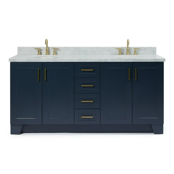 Ariel Taylor 73 In. Double Oval Sink Vanity With Carrara White Marble Countertop In Midnight Blue
