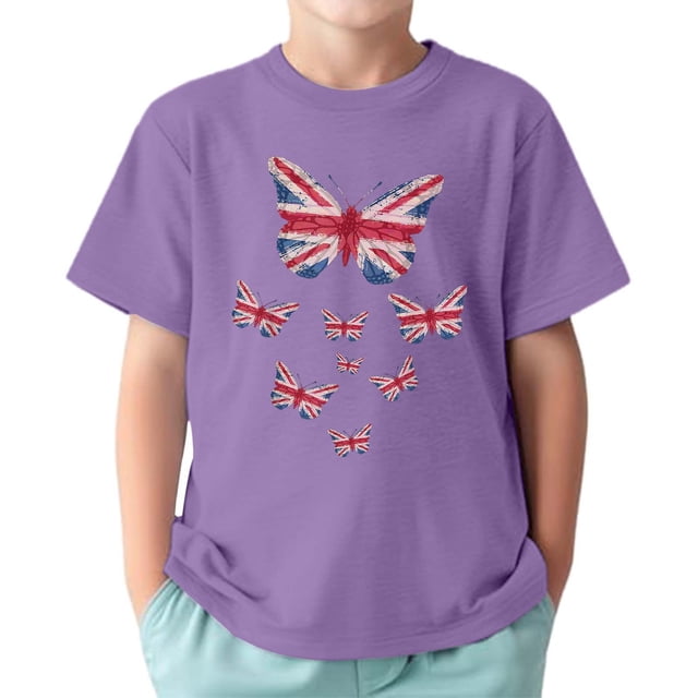 TAIAOJING T-Shirts Polyvalents Garçon Fille Imprimé Papillon Manches Courtes Col Rond T-Shirts Drapeau Élégant Coupe Décontractée Léger Usage Quotidien