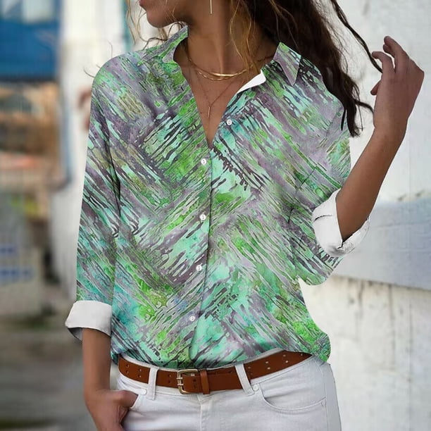 Fiudx Ofertas y Liquidaciones Camisa con Botones de Solapa Estampada de Serie Informal Regular de Manga Larga para Mujer