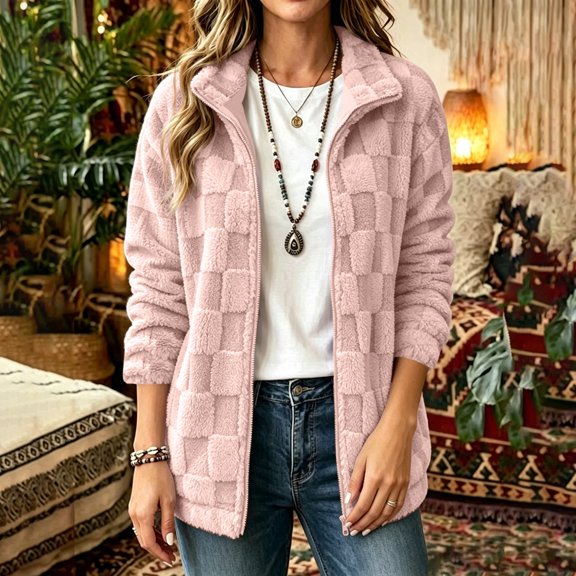 Mooqilaa Women's Fleece Jackets, Long Sleeve Stand up Collar Zip up Lightweight Warm Outerwear with Pockets Pink Size S-3XL