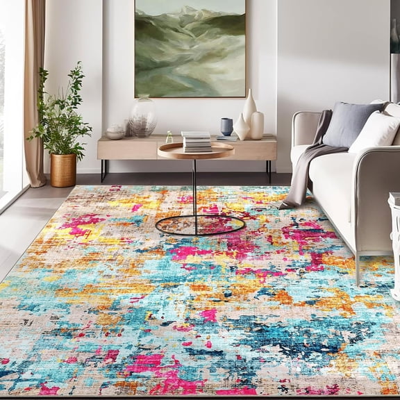 Washable Abstract Area Rug, 6' x 9' Boho Living Room Bedroom Rug Modern Non-Slip Non-Shedding Low Pile Throw Rug for Dining Room Home, Milticolor
