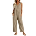 thumbnail image 2 of Women's Sleeveless V‑neck Linen Jumpsuit, Button Front Wide Leg Pants with Pockets, Casual Vacation Overalls Khaki XL, 2 of 8