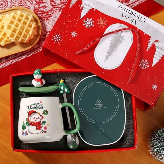 Christmas Ceramic Coffee Mug Gift Set with Cup Warmer,Holiday Design, Temperature Control, Microwave Safe