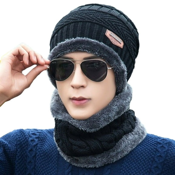 Opvise 1 Set Unisex Fashion Winter Hat Scarf Set Thick Soft Plush Knitted Elastic Anti-slip Neck Head Protection Cold Resistant Outdoor Skiing Camping Beanie Neck Wrap Set Coffee