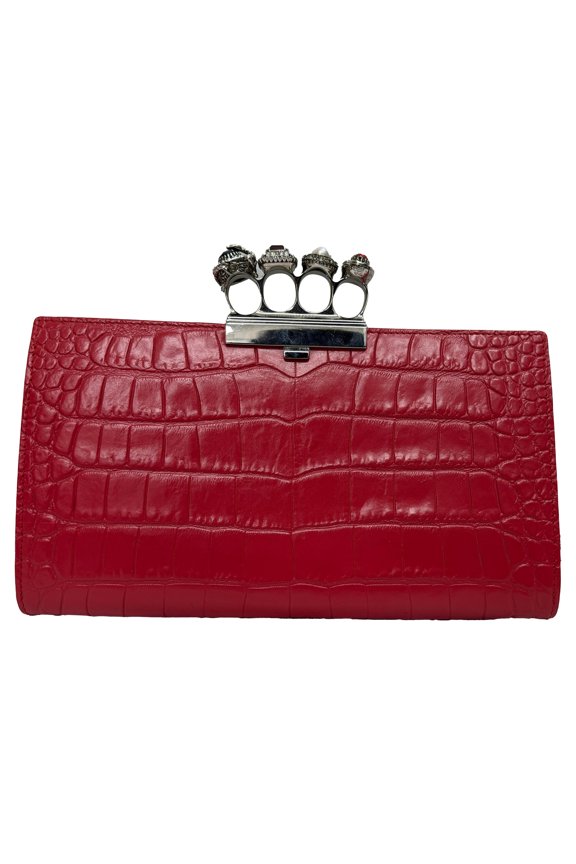 Pre-Owned Alexander McQueen Crocodile Embossed Knuckle Flat Clutch in Red Calfskin Leather