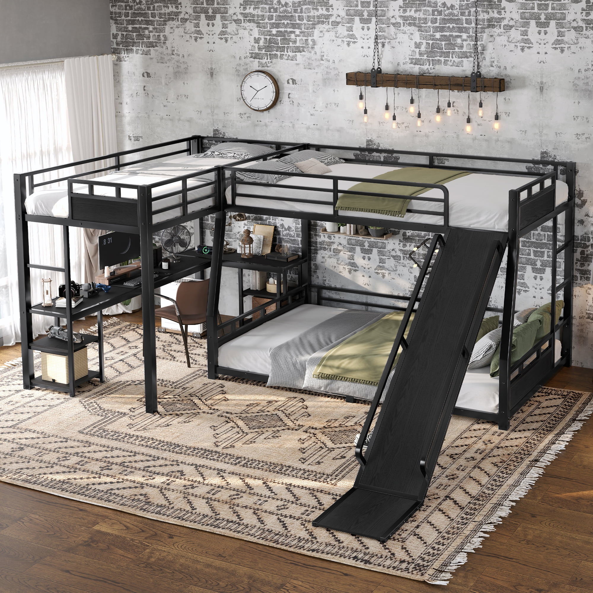 Leumius Full Over Queen Metal Triple Bunk Bed,L-Shaped Triple Bed Frame with Desk, Storage Shelves and USB Charging Port,Black