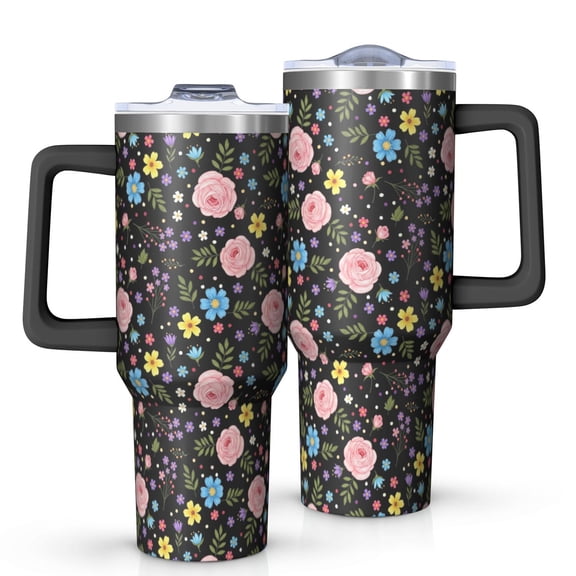 40oz Pioneer Flower Floral Print Pattern Insulated Tumbler with Handle, BPA-Free Leak Proof Lid and Straws, Double Wall Vacuum, Hot 12h/Cold 34h