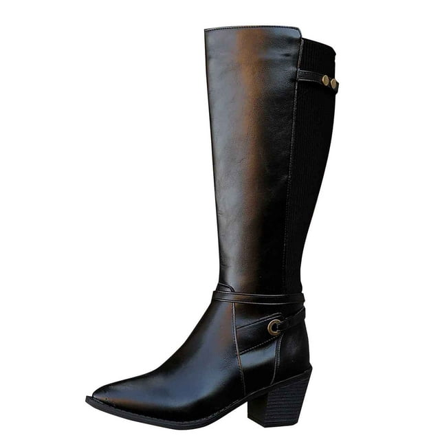 Black Ladies Stylish Boots With Thick Base For Fall And Winter Wear Comfortable And Trendy With Leather Material