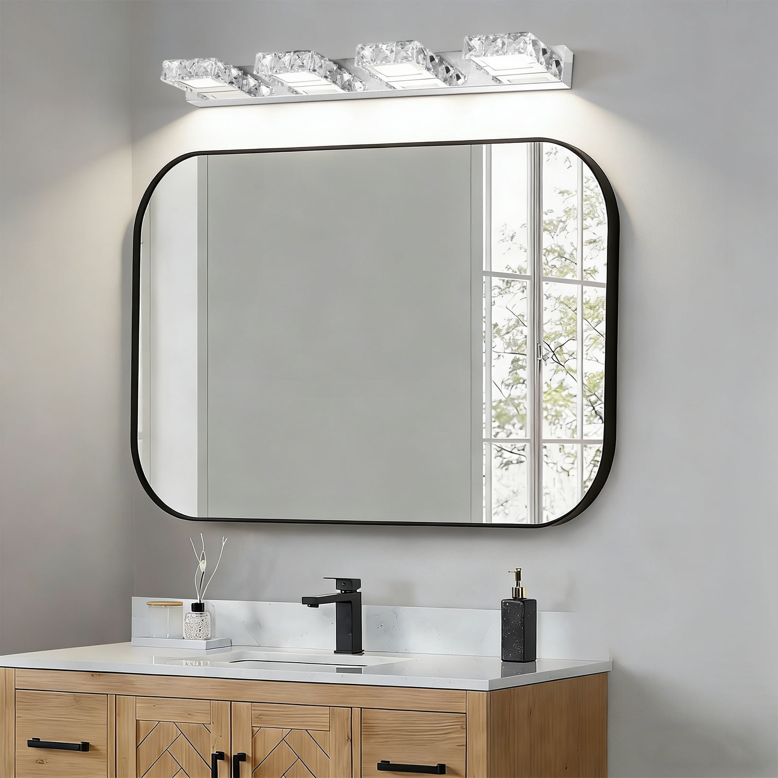 LED Modern Bathroom Vanity Lights Over Mirror Bathroom Vanity Lights Fixtures 4 Lights Crystal Stainless Steel Bath Wall Lighting Mirror Light (4 Square Lights Cold White)