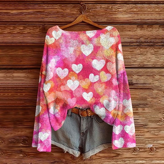 Xdegoge Valentine Sweater for Women Pullover Ribbed Knit Long Sleeve Oversized Sweaters Heart Graphic Fashion Dressy Casual Crewneck Tops