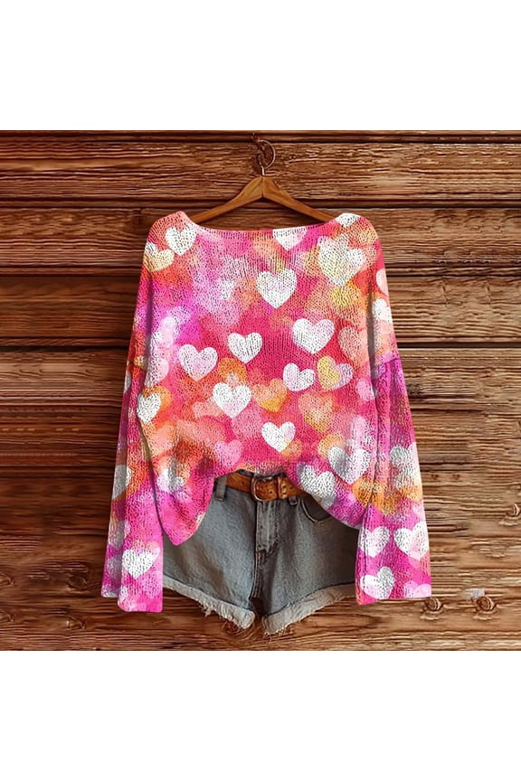 Crewneck Womens Tops Trendy Heart Graphic Pink Love Print Pullover Shirt Long Sleeve 2026 Womens Fashion Tops,S