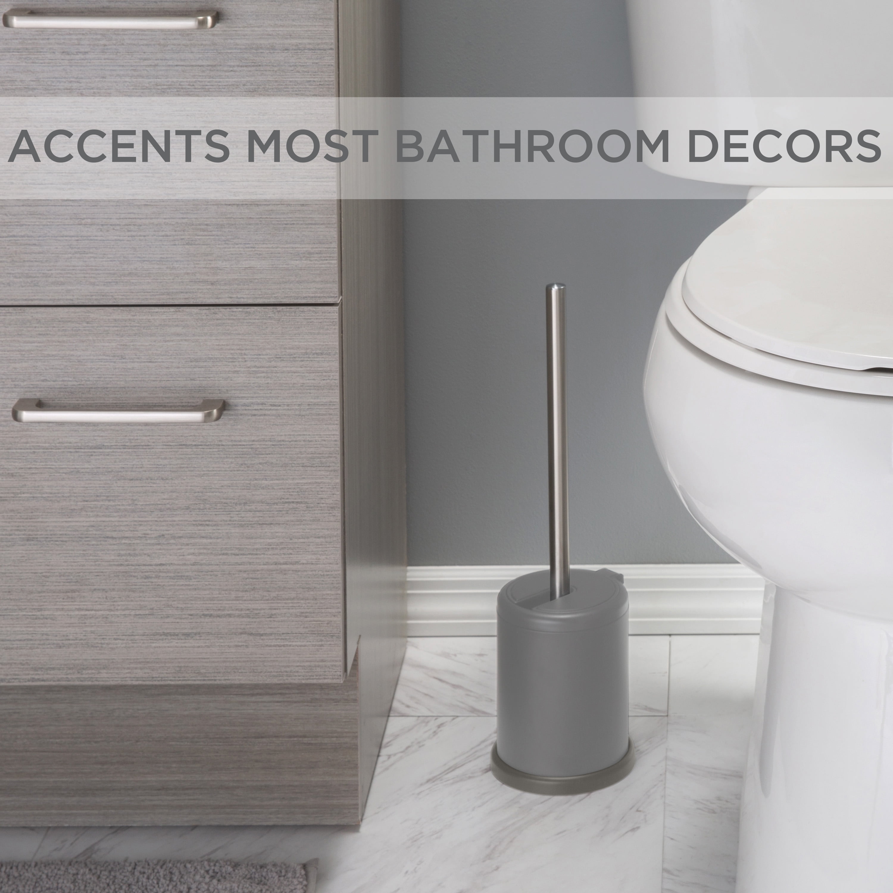 Bath Bliss 2 Pack Self Closing Lid Toilet Brush and Holder in Grey