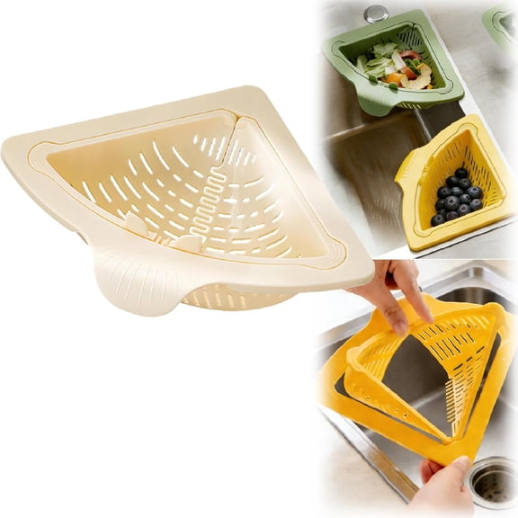 Triangular Drain Basket , Sink Corner Drying Rack& Filter Basket with Corner Storage Rack, No-Tools Installation for Kitchen Sink, Draining Organizer