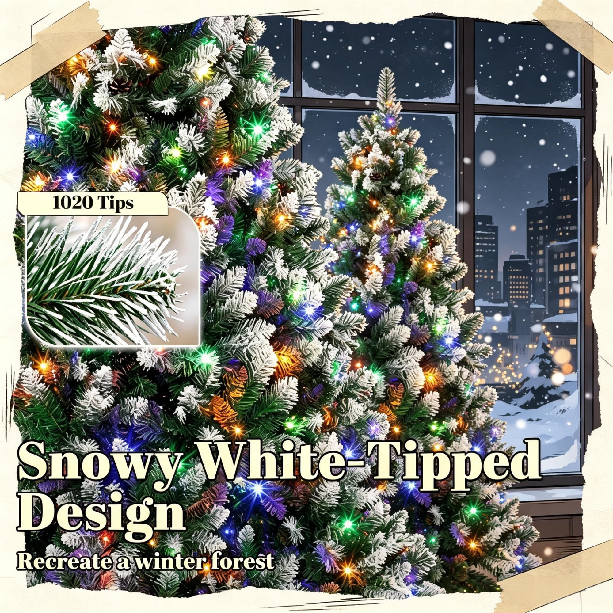Pre-Lit Artificial Christmas Tree with Hinged Branches, 6 ft, 1020 PVC Tips, 350 Dual-Color LED Lights, Remote Control, Metal Base