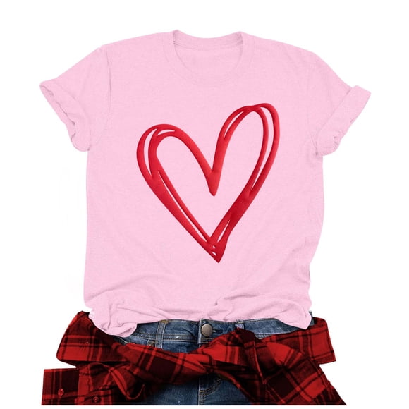 Penkiiy Womens Valentines Day Shirts Print Graphic Tees Cute Love Heart Shirts Casual Short Sleeve L Pink