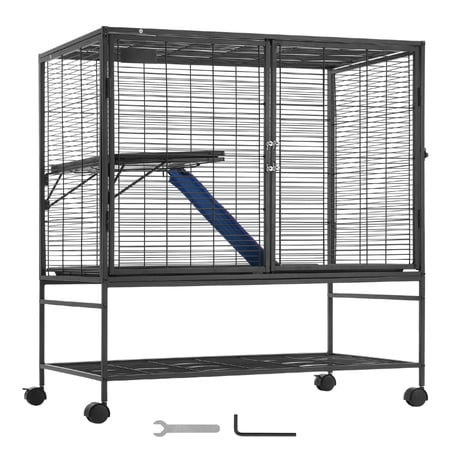 TENGDA 39 Inch 2-Tier Rolling Metal Small Animal Cage Black Ferret Cage with Ramp and Removable Tray