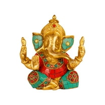Brass World Brass Ganesha Ganpati in Multicolour Stone Idol Ganesh Statue for Blessing Happiness, Health and Wealth Home Office Temple Puja 5.5 Inch